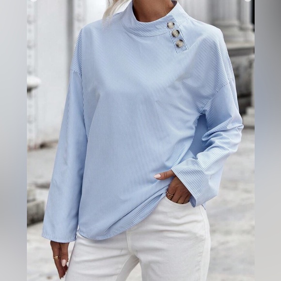 Trendy Striped Blue/White Top Long Sleeve - Picture 2 of 4